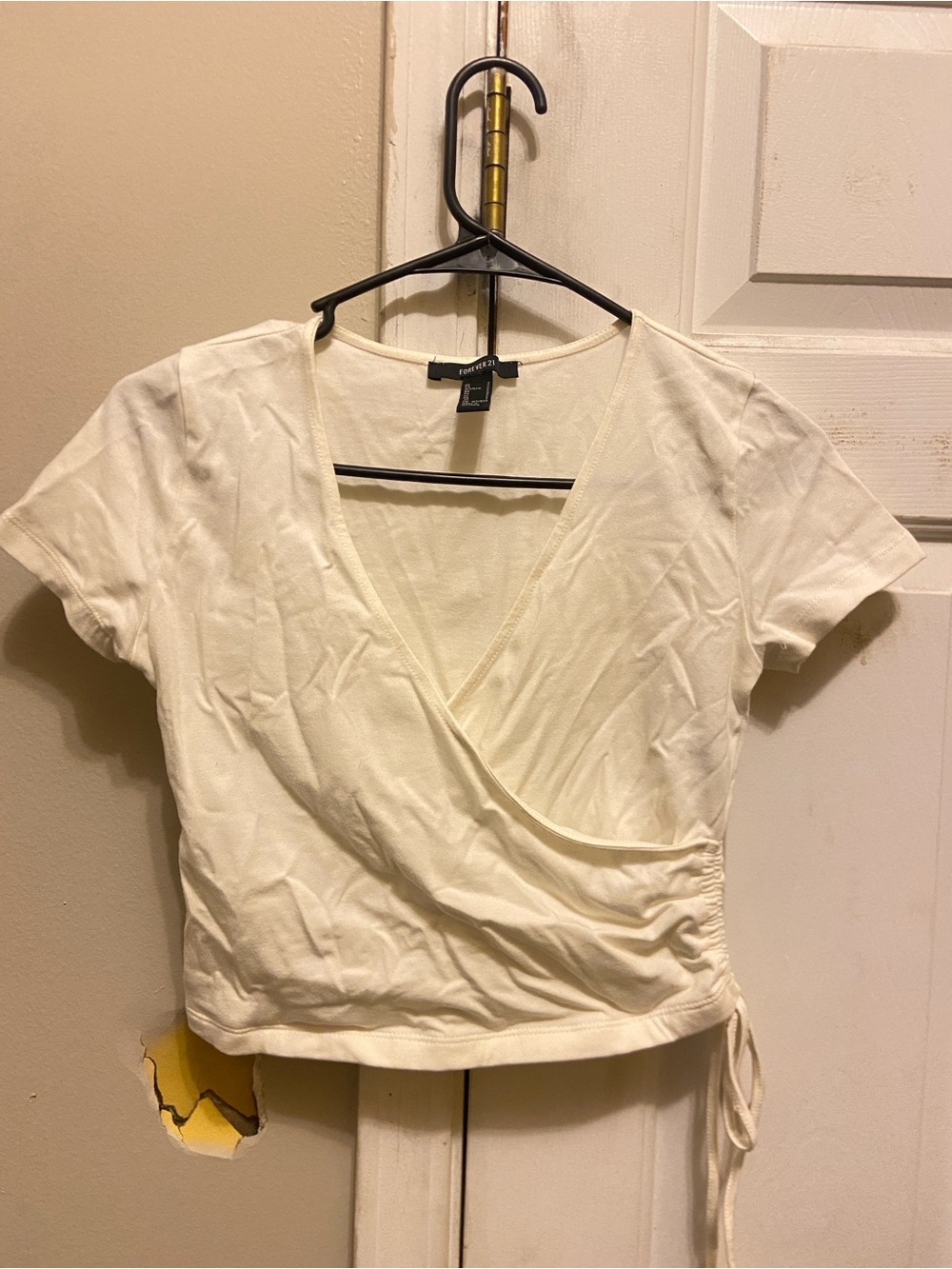 Forever 21 Cream Wrap-Style Short Sleeve Crop Top